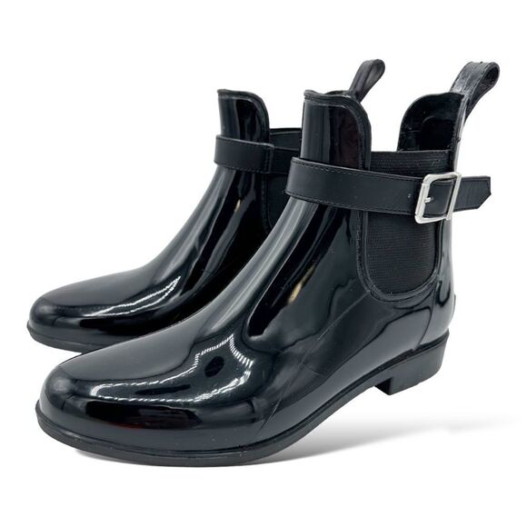 Marc Fisher Women's 6 Rainy Black Glossy Ankle‎ Rain Bootie Buckle Boot Sz 7 - Picture 3 of 11